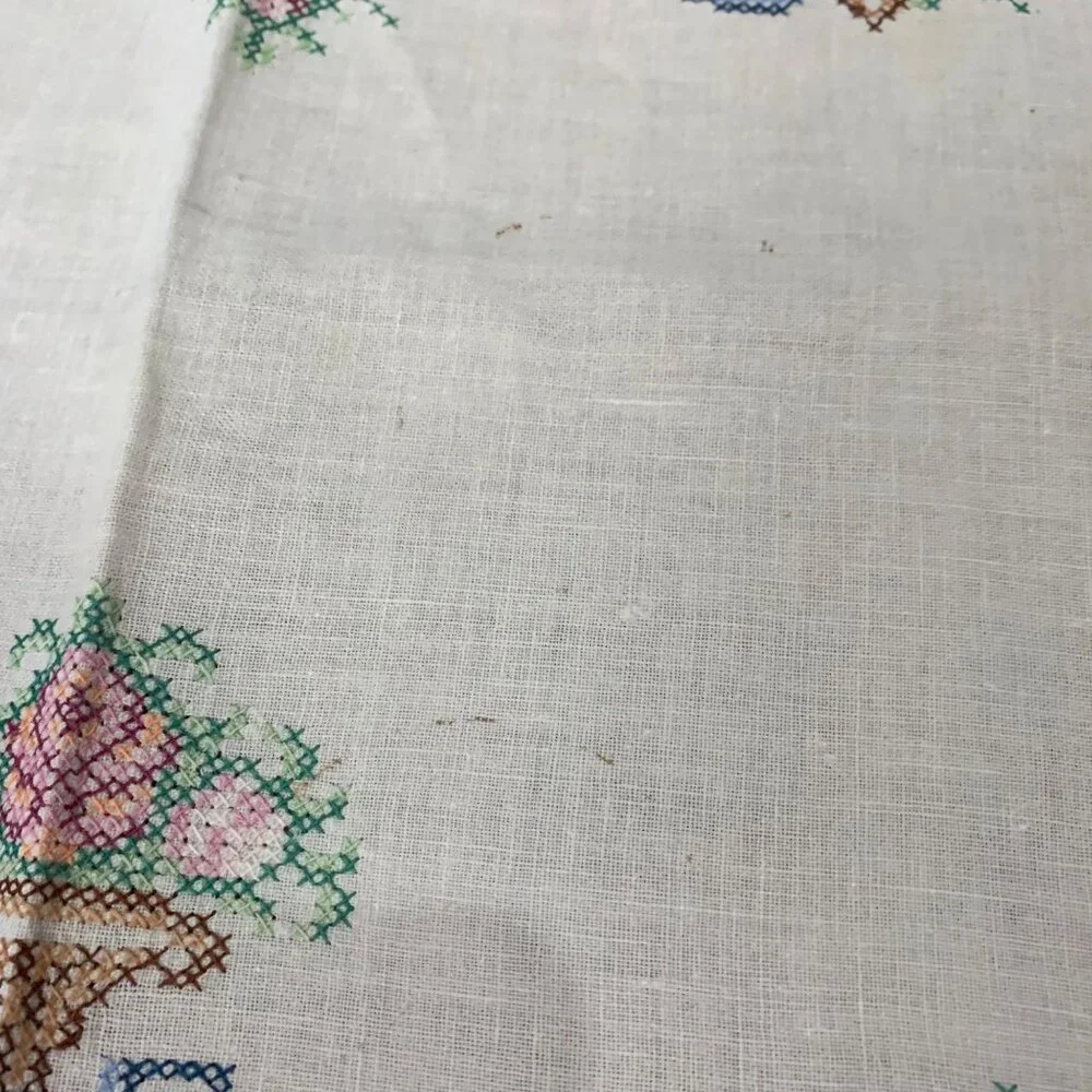 Vintage White Linen Tablecloth Embroidered Cross Stitched Floral Baskets